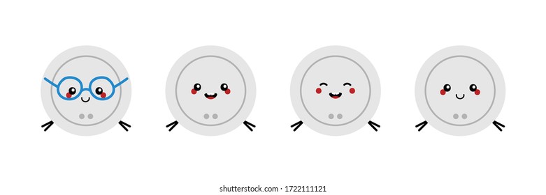 Set, collection of cute smiling cartoon robot vacuum cleaner characters.