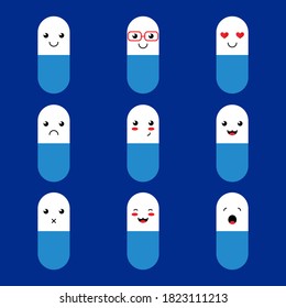 Set, collection of cute and smiling cartoon style pills characters, emoji for medical, health care design.
