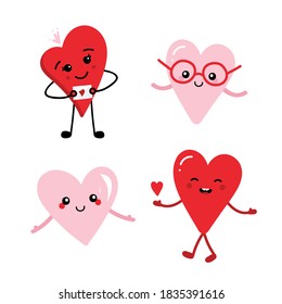 Colección de personajes cardíacos adorables y sonrientes estilo caricatura para amor romántico, amistad y diseño de San Valentín. 