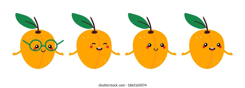 Set, collection of cute and smiling cartoon apricot fruits characters for food design.
