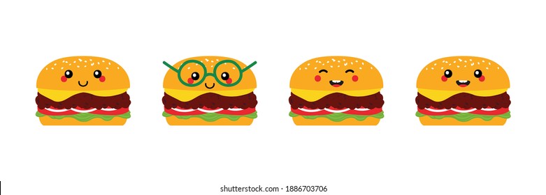 Set, collection of cute and smiling cartoon style cheeseburger, burger characters for fast food design.