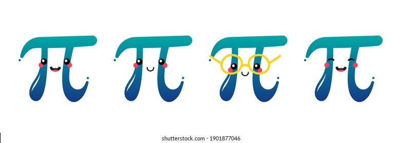 Set, collection of cute smiling cartoon style pi letter characters for World Pi Day.