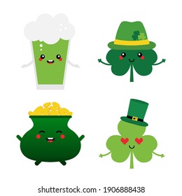 Set, collection of cute and smiling cartoon style characters for St.Patrick's Day design. Pot of gold, glass of green beer and clover leaves characters.