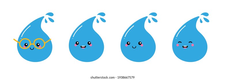 Set, collection of cute and smiling cartoon style water drops characters.