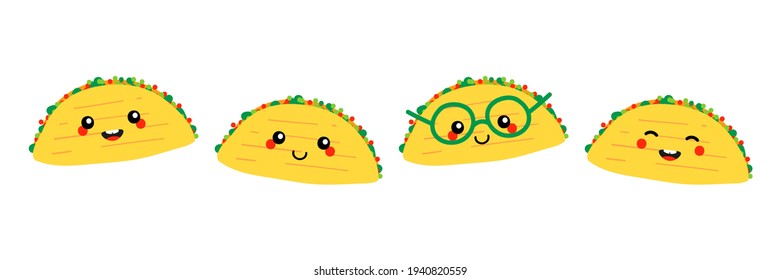 Set, collection of cute smiling cartoon style taco characters, traditional mexican dish, street food.