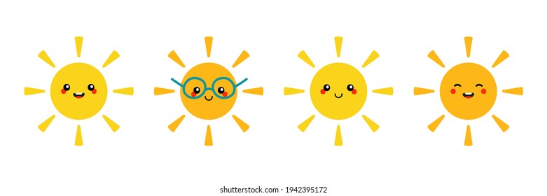 Set, colección de adorables caricaturas sonrientes estilo amarillo y naranja brillando personajes solares para el verano, diseño del clima.