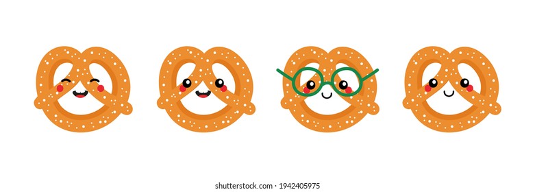 Set, collection of cute smiling cartoon style pretzel, knot-shaped baked pastry characters for food design.