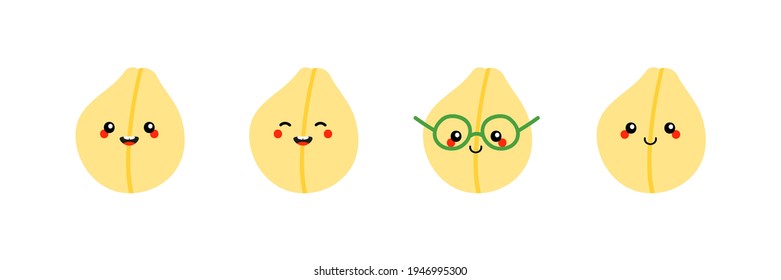 Colección de garbanzos al estilo de caricaturas lindas sonrientes, personajes de semillas de garbanzos para un sano diseño de comida vegana.

