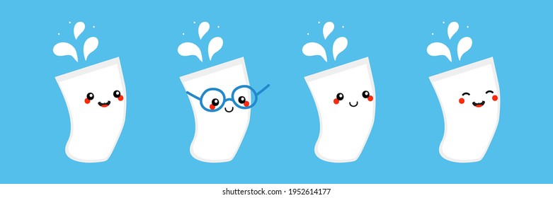 Set, collection of cute and smiling cartoon style glasses of milk with splashes characters. Glasses of dairy milk and plant-based milk concept.
