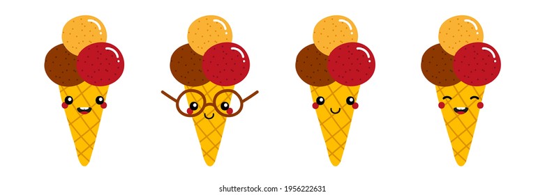 Set, collection of cute and smiling cartoon style ice cream cone characters for summer food design.