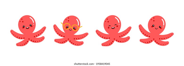 Set, collection of cute and smiling cartoon style red baby octopus characters for sea life design.