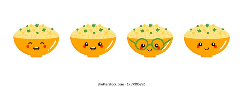 Set, collection of cute and smiling cartoon style bowl of hummus characters, traditional Middle Eastern spread made of chickpeas and tahini. 