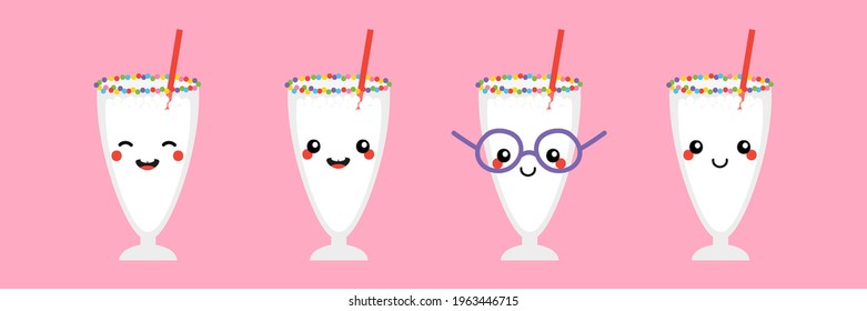 Set, collection of cute smiling cartoon style vanilla milkshake glasses characters for food and drink design.