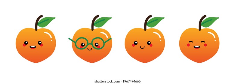 Set, collection of cute and smiling cartoon style peach fruit characters for food design.
