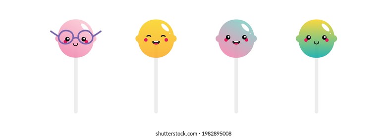 Set, collection of cute and smiling cartoon style lollipops, sugar candy on stick characters for food, confectionery design.