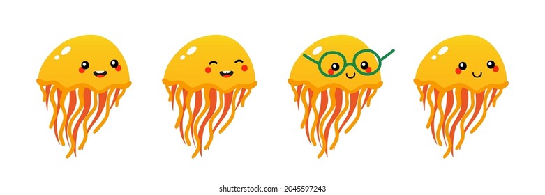 Set, collection of cute and smiling cartoon style yellow jellyfish characters for sea life design.
