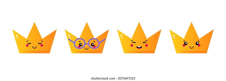 Set, collection of cute and smiling cartoon style golden crowns characters.
