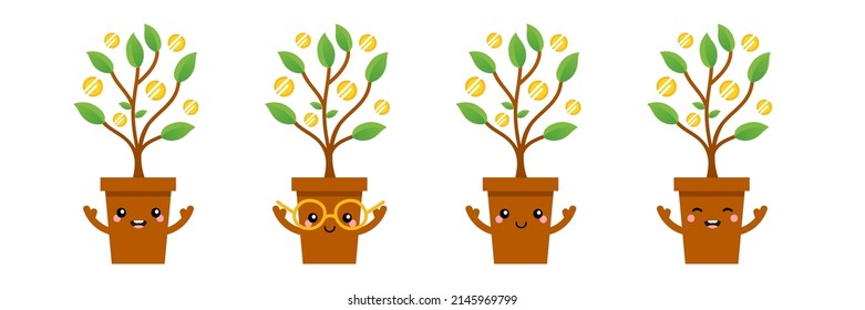 Conjunto, colección de personajes de árbol de dinero de tiras cómicas lindas y sonrientes para negocios, inversión, diseño de dinero.

