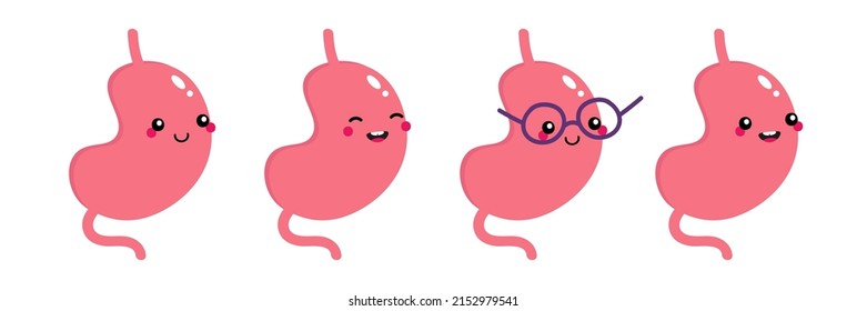 Set, colección de tiras cómicas lindas sonrientes estilo caracteres estomacales saludables para diseño médico, de salud.