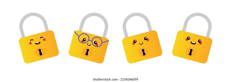 Set, collection of cute and smiling cartoon style golden lock characters.
