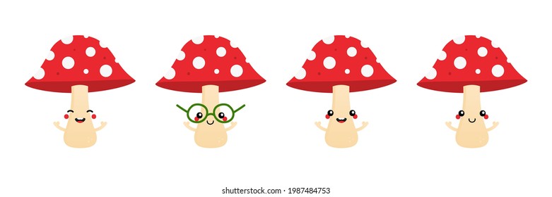 Set, collection of cute and smiling mushroom characters with dotted red caps for nature, forest design.
