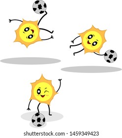Set collection of cute soccer players sun characters exercising with ball in various poses to keep themselves fit fun healthy