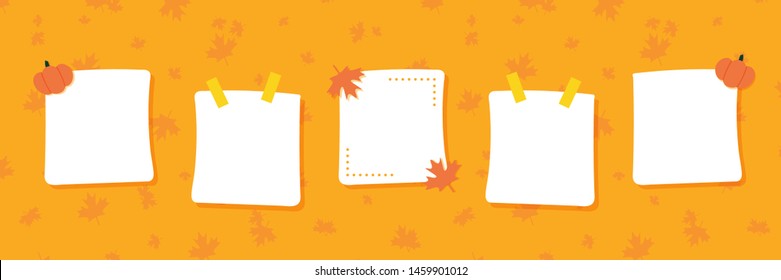 Set, collection of cute sticky notes, stickers on maple leaves background with pumpkins for autumn, fall design.