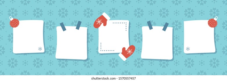 Set, collection of cute sticky notes, stickers on snowflakes background with mittens and christmas balls for winter holidays design.
