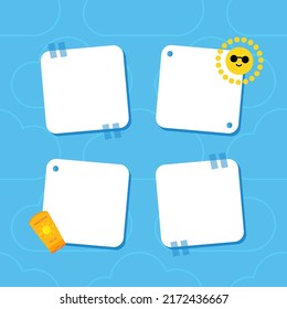 Set, collection of cute sticky notes, stickers on blue background for summer holidays, vacation design.
