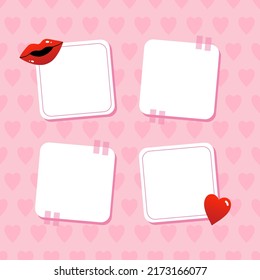 Set, collection of cute sticky notes, stickers on pink background with hearts for romantic and St.Valentine’s day design.

