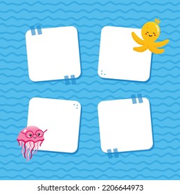 Set, collection of cute sticky notes, stickers with octopus, jellyfish  characters and water pattern background for sea life design.