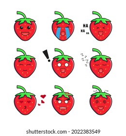 Set collection cute strawberry emoticon cartoon icon illustration. Design isolated flat cartoon style