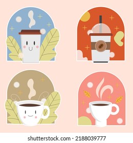 set Collection of cute surgical coffee cups Cartoon Characters and Elements on pink Background. Vector illustration of a hot cup of coffee.