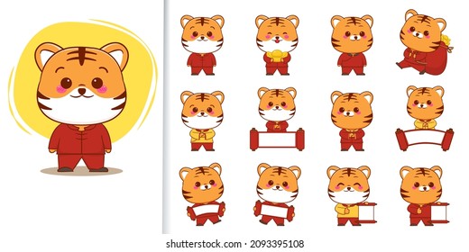 Colección de tigre lindo con traje chino rojo. Año nuevo chino 2022. Caricatura de las festividades animales