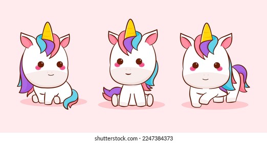 Set Collection cute unicorn cartoon. Kawai animal design character. Pony pegasus vector art illustration. Animal concept design Isolated on a white background.