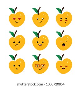 Set, collection of cute vector cartoon yellow apple characters, emoji isolated on white background.
