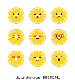 Set, collection of cute vector cartoon lemon slices characters, emoji isolated on white background.