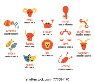 Set, collection of cute vector illustrations of 12 zodiac signs in cartoon style isolated on white background. 