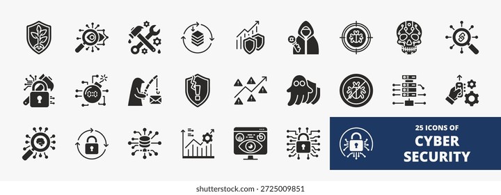 Conjunto de una colección de iconos de seguridad cibernética adecuados para aplicaciones de Web y móviles. Conjunto de iconos de estilo de glifo con seguro, ingeniero, vulnerabilidad, malware, phishing y más iconos