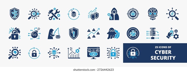 Set einer Sammlung von Cyber-Sicherheits-Icons für Web- und mobile Anwendungen. Symbolsatz im blauen Stil mit sicheren Symbolen, Ingenieuren, Sicherheitslücken, Malware, Phishing und weiteren Symbolen