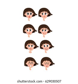 Set, collection of dark brown hair woman, girl face expressions, heads, avatars, cartoon vector illustration on white background. Funny cartoon female heads and emotions, avatars