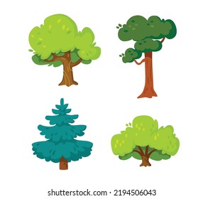 Set collection of deciduous and evergreen forest trees, plants in flat vector design isolated on white background. Botanical collection of trees with leaves and lush crowns. Flat vector illustration.