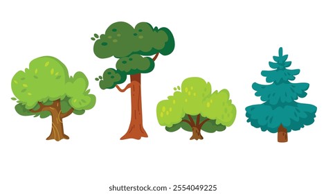 Set collection of deciduous and evergreen forest trees, plants in flat vector design isolated on white background. Botanical collection of trees with leaves and lush crowns. Flat vector illustration.