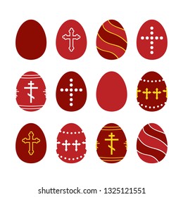 Set, collection of decorated red eggs for Orthodox Easter Day, also known as Pascha or Resurrection Sunday.