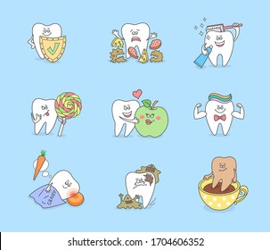Set, collection of dental illustrations. Cartoon tooth with different objects: shield, food, brush, candy, apple, muscles, carrot, coffee, bacteria. Oral health, teeth care icons for dentistry.