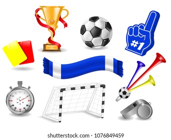 Set Collection for Design, Ad, Yellow and Red Card, Cup, Stopwatch, Whistle, Trumpet Football Fan, Foam Hand, Goal with Net, Soccer Concept, Isolated, Hand Drawn Vector Photo Realistic 3D Illustration