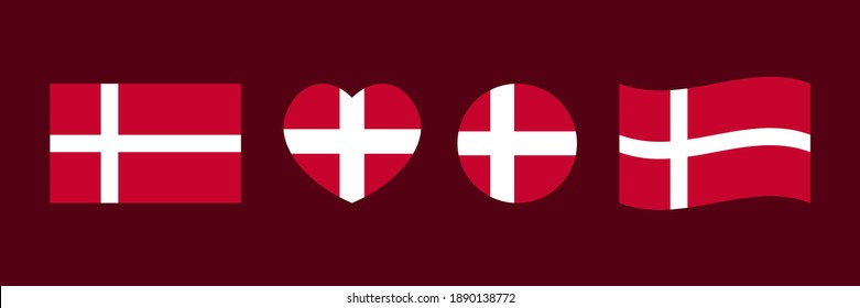 Set, collection of design elements with flags of Denmark in different shapes for Flag Day and other danish national holidays.