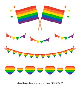 Set, Collection Of Design Elements Garlands, LGBTQ+ Flag For Pride Month.