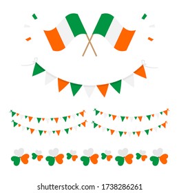 Set, collection of design elements, irish flags and shamrock border for Irelands National Day, St Patricks Day.