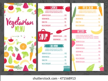 Set collection design template vertical vegetarian menu. Corporate identity menu for cafe or restaurant. Brochure with decor fruit and vegetable. Layout vegetarian menu with pattern healthy food.